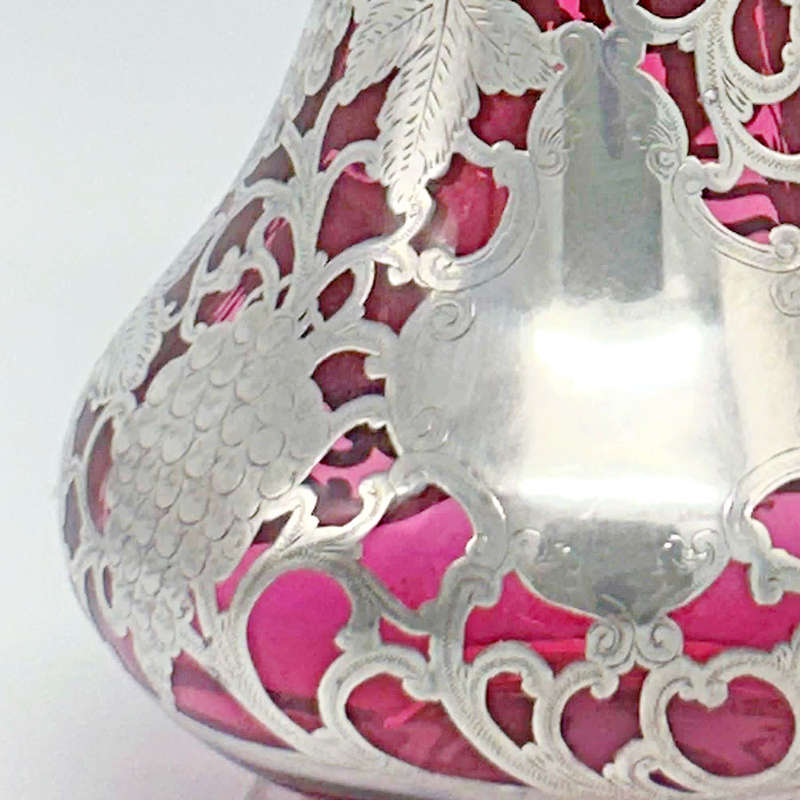 Art Nouveau Cranberry Glass Silver Overlay Decanter C1910