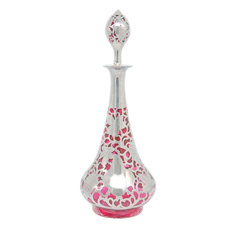 Art Nouveau Cranberry Glass Silver Overlay Decanter C1910