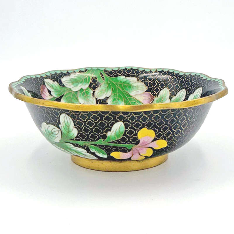 Cloisonné Bowl Black Enamel Clouds With Peony Scallop Edge 20th