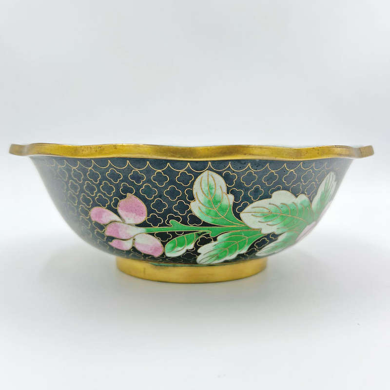 Cloisonné Bowl Black Enamel Clouds With Peony Scallop Edge 20th