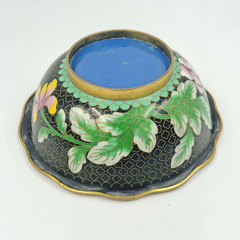 Cloisonné Bowl Black Enamel Clouds With Peony Scallop Edge 20th