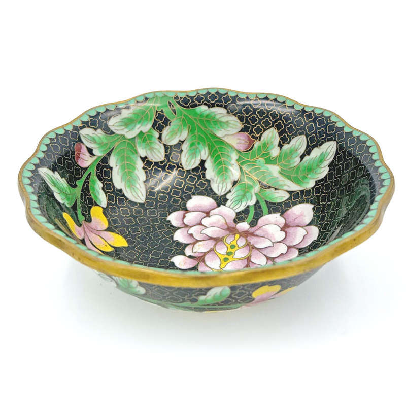 Cloisonné Bowl Black Enamel Clouds With Peony Scallop Edge 20th