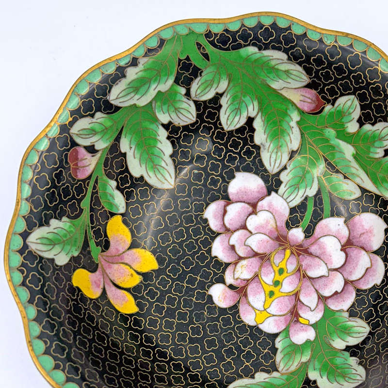 Cloisonné Bowl Black Enamel Clouds With Peony Scallop Edge 20th