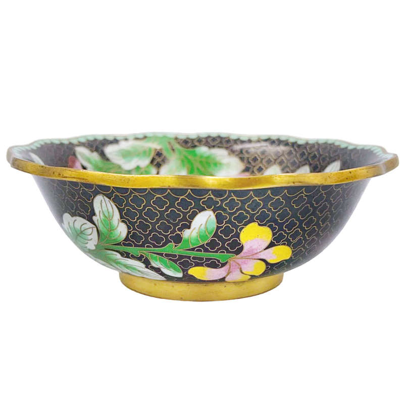 Cloisonné Bowl Black Enamel Clouds With Peony Scallop Edge 20th