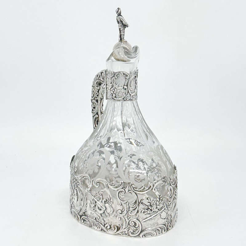 German Silver Mounted Etched Glass Claret Jug