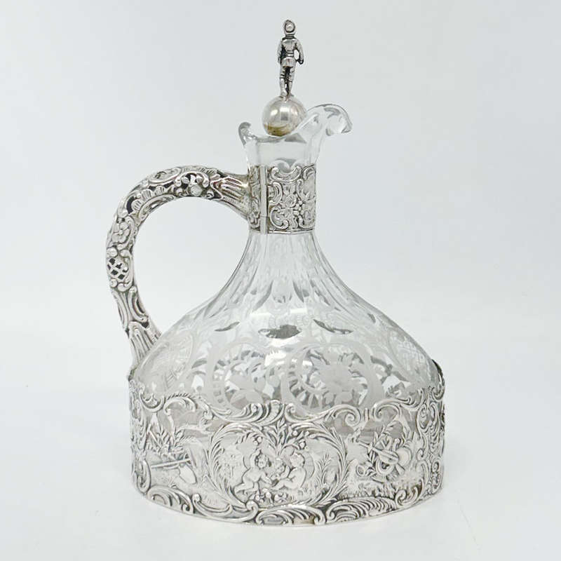 German Silver Mounted Etched Glass Claret Jug