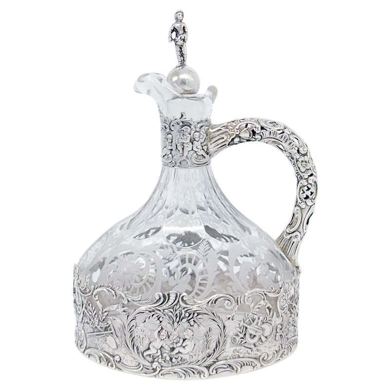 German Silver Mounted Etched Glass Claret Jug