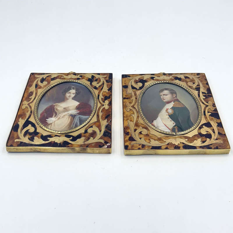 Pair Boulle French Painted Miniatures Napoleon and Josephine 19th