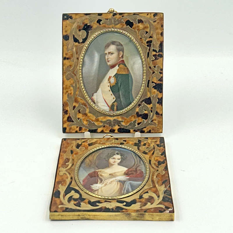 Pair Boulle French Painted Miniatures Napoleon and Josephine 19th