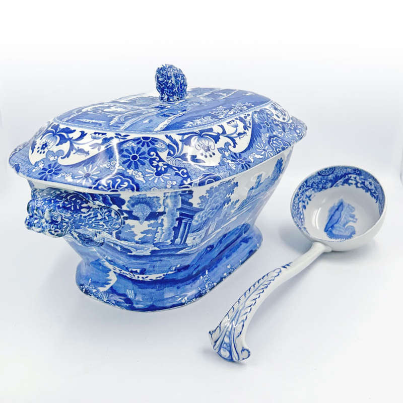 Rare Spode Copeland Blue Italian Soup Toureen and Ladle