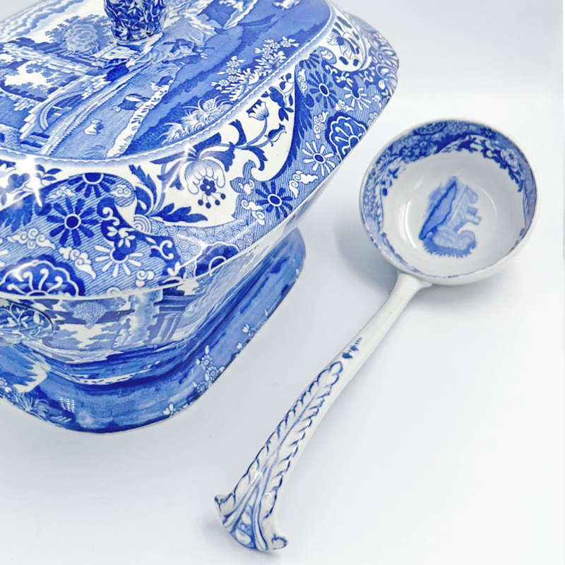 Rare Spode Copeland Blue Italian Soup Toureen and Ladle