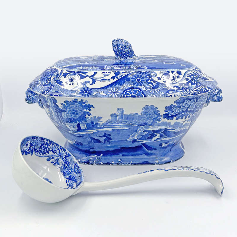 Rare Spode Copeland Blue Italian Soup Toureen and Ladle