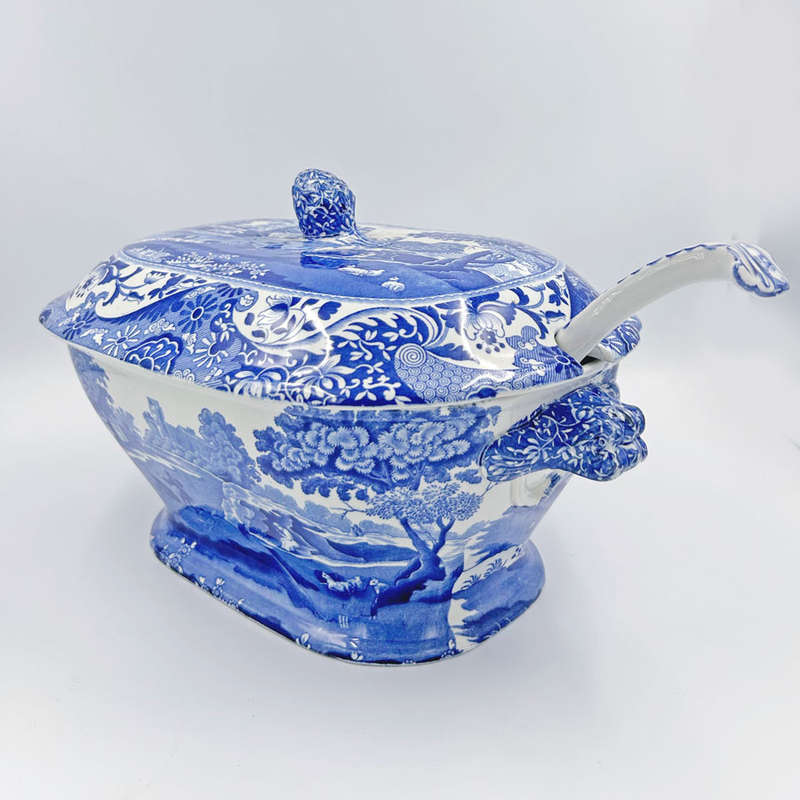 Rare Spode Copeland Blue Italian Soup Toureen and Ladle