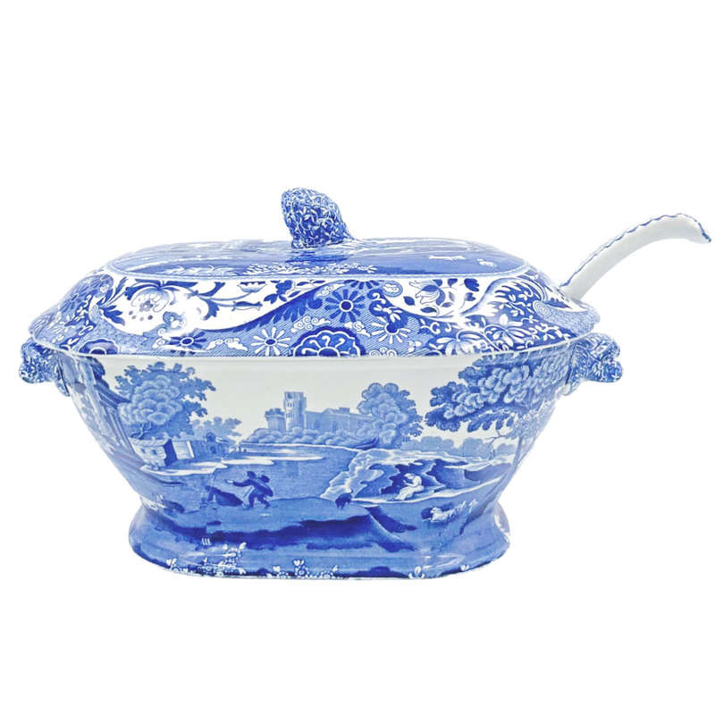 Rare Spode Copeland Blue Italian Soup Toureen and Ladle