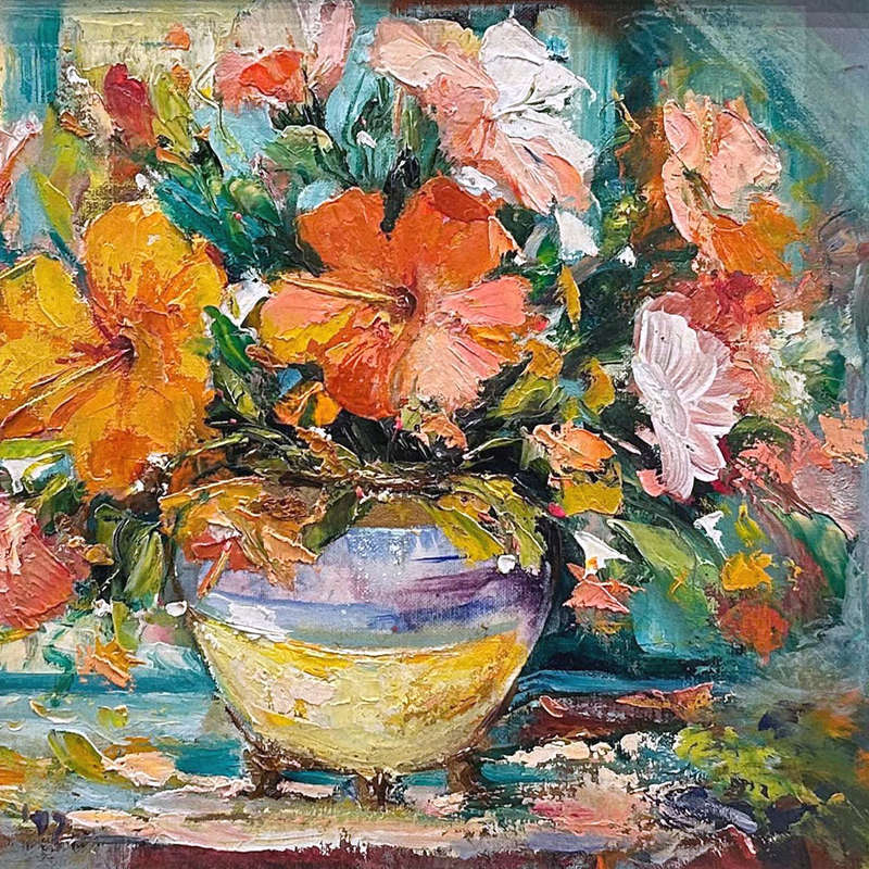 Still Life Of Hibiscus In Vase Framed 20th