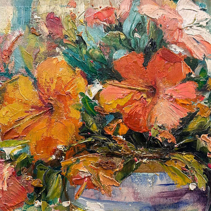 Still Life Of Hibiscus In Vase Framed 20th