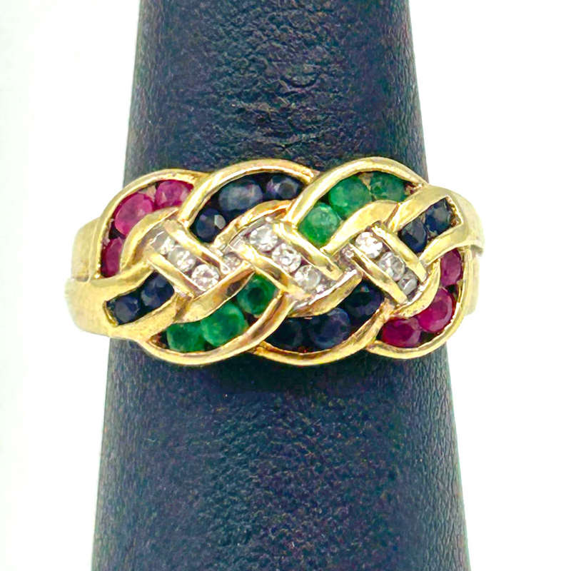 9 Ct Gold Ruby Diamond Sapphire and Emerald Ring