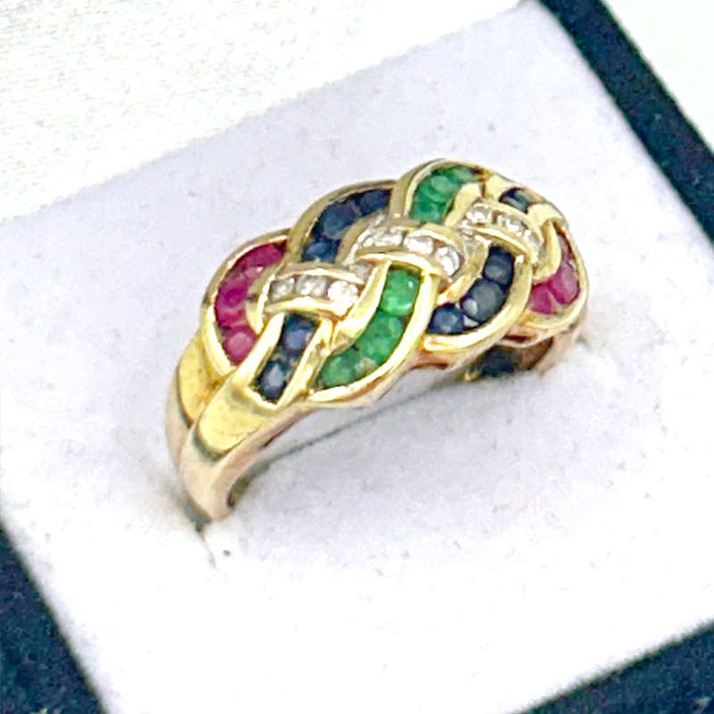 9 Ct Gold Ruby Diamond Sapphire and Emerald Ring