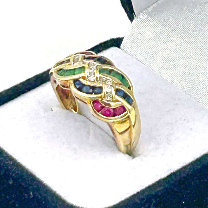 9 Ct Gold Ruby Diamond Sapphire and Emerald Ring