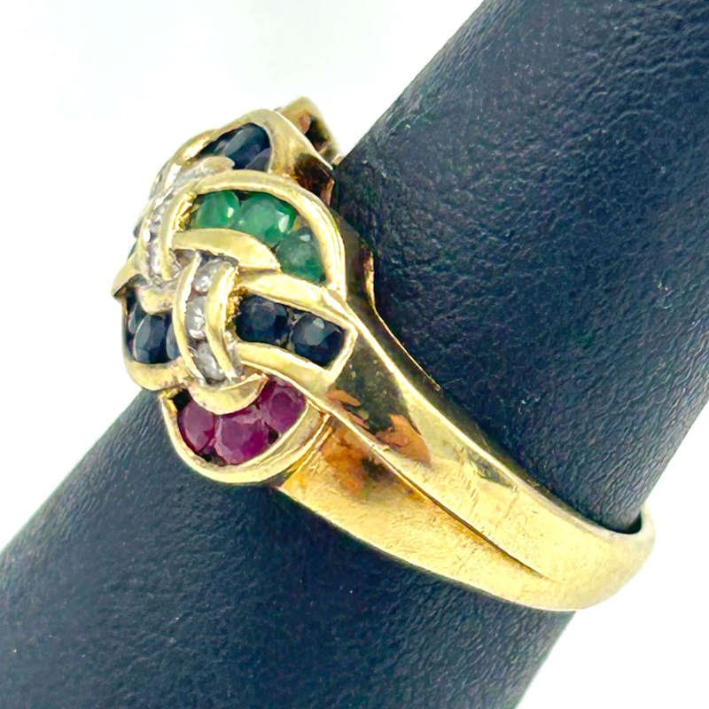 9 Ct Gold Ruby Diamond Sapphire and Emerald Ring