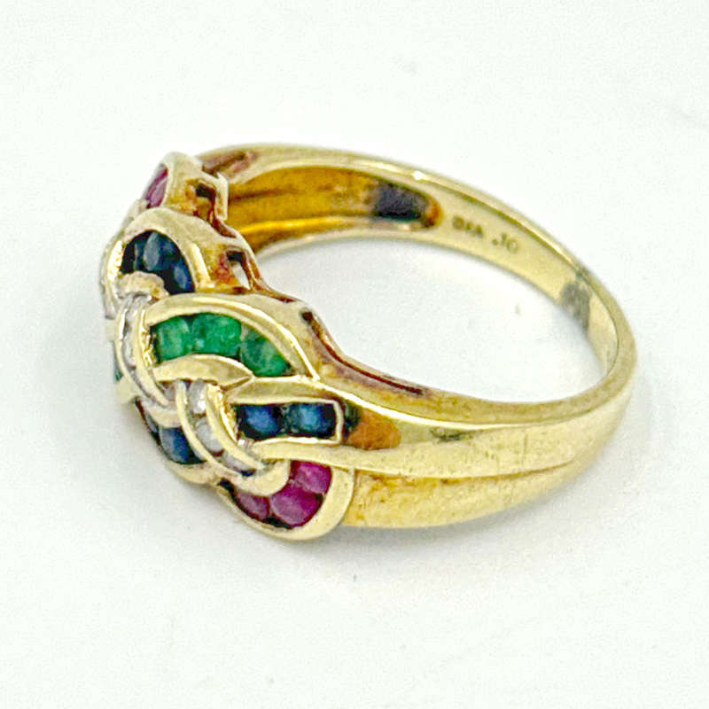 9 Ct Gold Ruby Diamond Sapphire and Emerald Ring