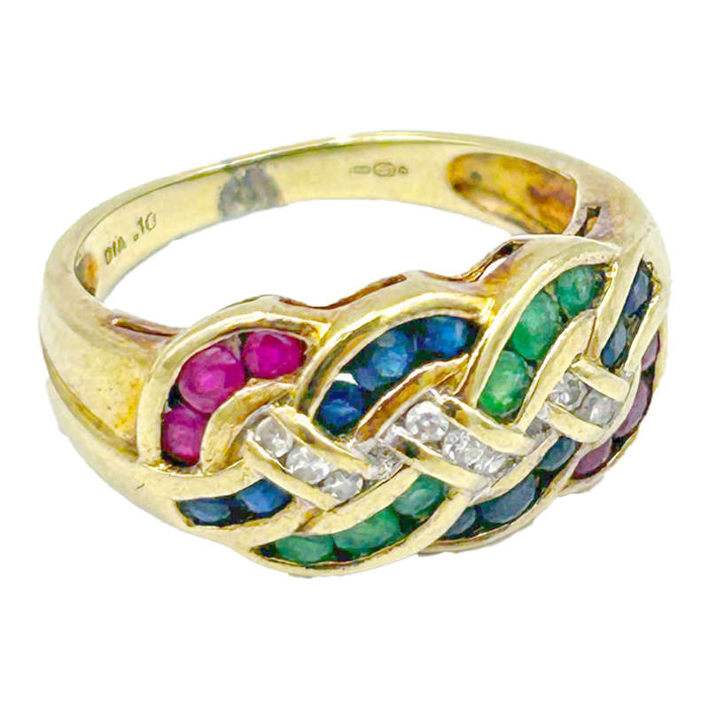 9 Ct Gold Ruby Diamond Sapphire and Emerald Ring