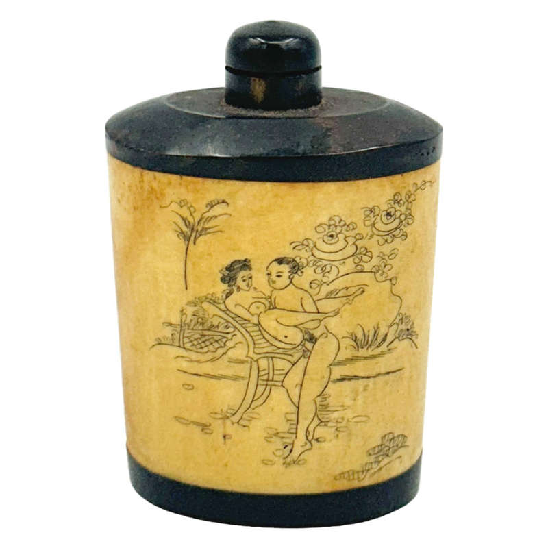 Antique Chinese Erotica Bone and Wood Snuff Bottle