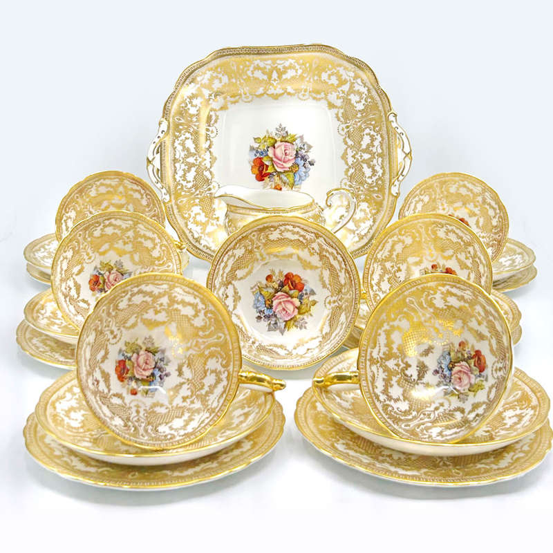 Aynsley Cabbage Rose 21 Piece Tea Set Signed Bailey