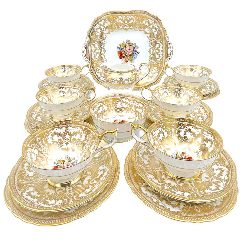 Aynsley Cabbage Rose 21 Piece Tea Set Signed Bailey