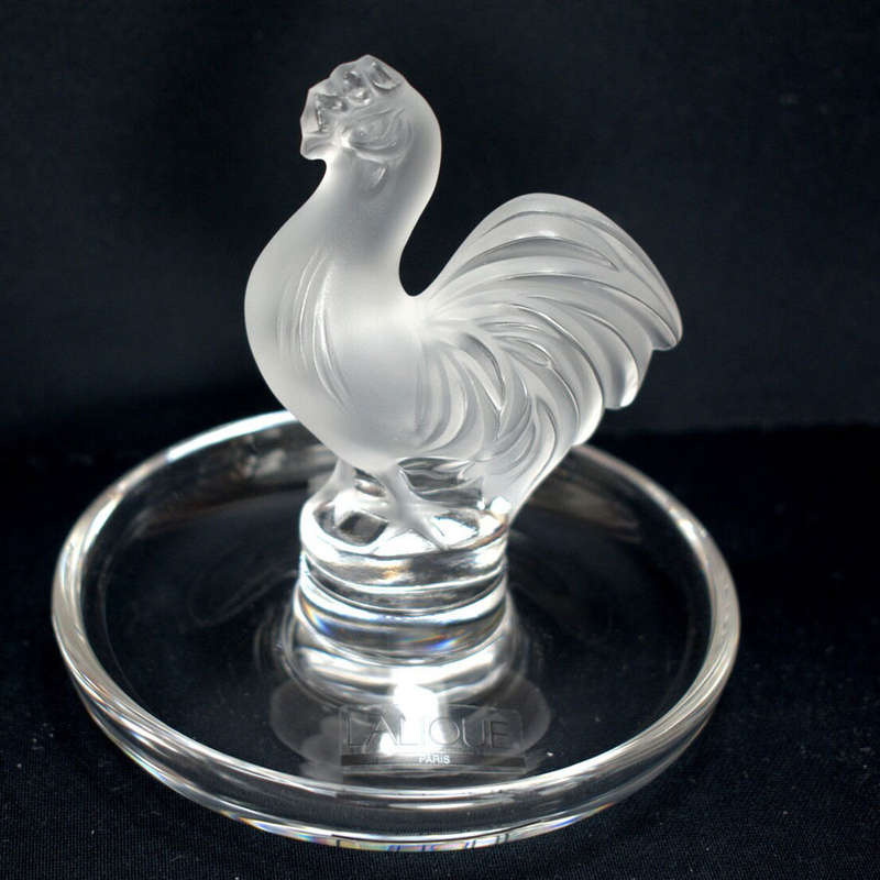 Lalique Frosted And Clear Crystal Rooster Ring Dish 20th