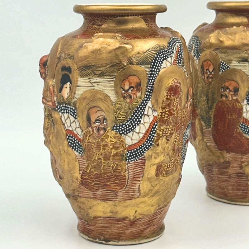 Pair Japanese Kyoto  Satsuma Rakkon Kobe  Vases 1920's