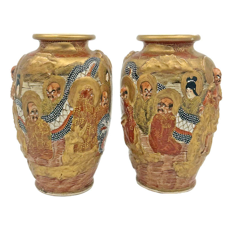 Pair Japanese Kyoto  Satsuma Rakkon Kobe  Vases 1920's
