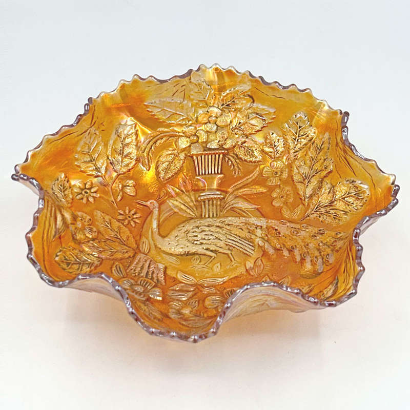 Rare Fenton Iridescent Carnival Peacock and Urn Ruffled Bowl  C1920