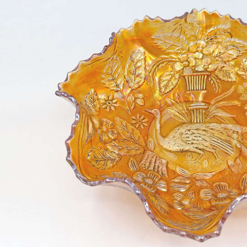 Rare Fenton Iridescent Carnival Peacock and Urn Ruffled Bowl  C1920