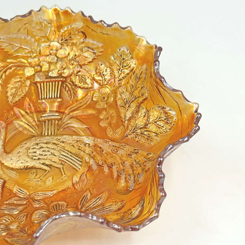 Rare Fenton Iridescent Carnival Peacock and Urn Ruffled Bowl  C1920