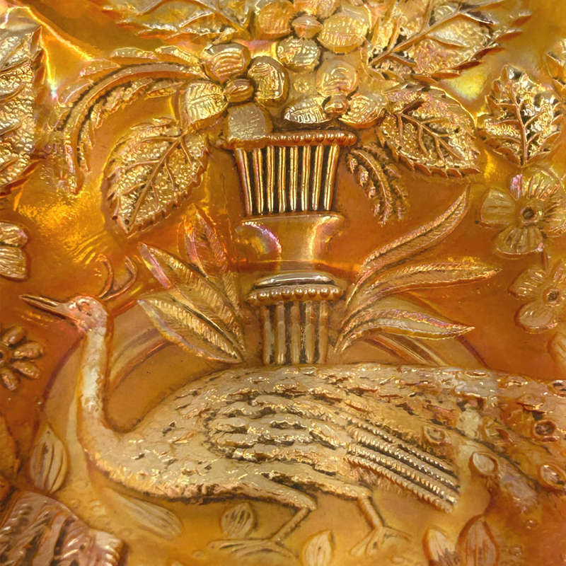 Rare Fenton Iridescent Carnival Peacock and Urn Ruffled Bowl  C1920