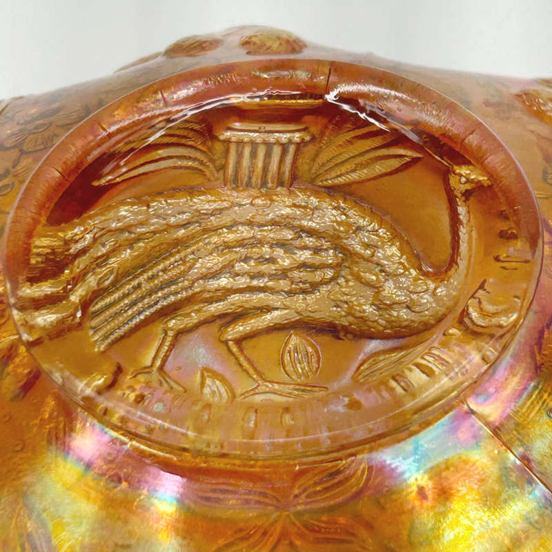 Rare Fenton Iridescent Carnival Peacock and Urn Ruffled Bowl  C1920