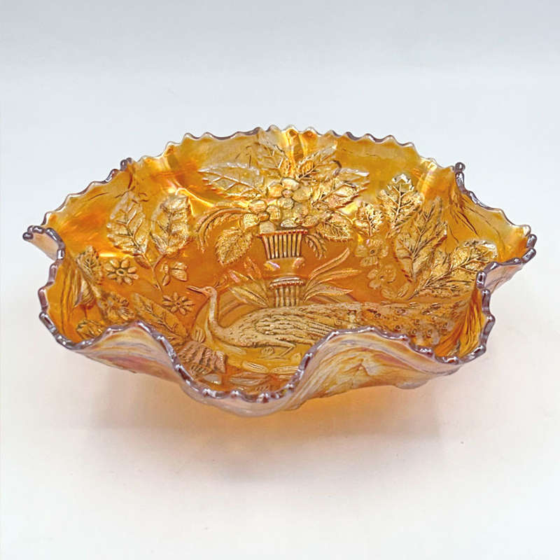 Rare Fenton Iridescent Carnival Peacock and Urn Ruffled Bowl  C1920