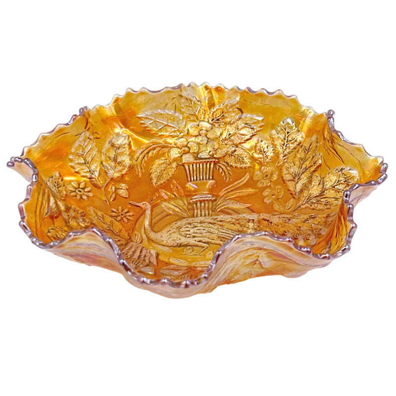 Rare Fenton Iridescent Carnival Peacock and Urn Ruffled Bowl  C1920