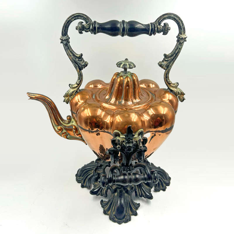 Victorian Copper Pumpkin Shape Kettle Perculator On Cast Metal Stand C1890