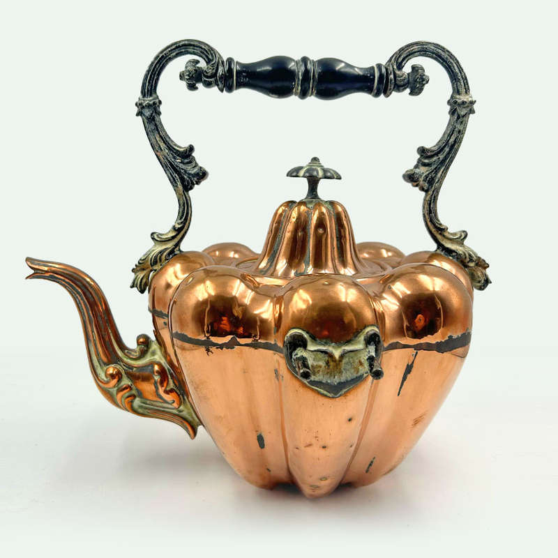 Victorian Copper Pumpkin Shape Kettle Perculator On Cast Metal Stand C1890