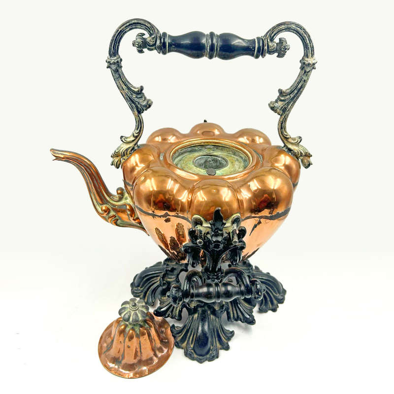 Victorian Copper Pumpkin Shape Kettle Perculator On Cast Metal Stand C1890