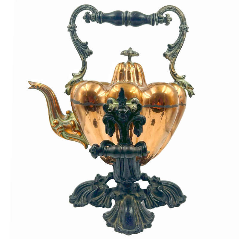Victorian Copper Pumpkin Shape Kettle Perculator On Cast Metal Stand C1890