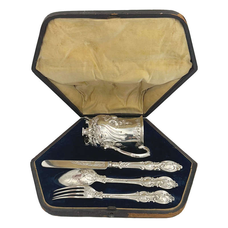 Hallmarked Silver Christening Boxed Set  Martin Hall  Sheffield 1879