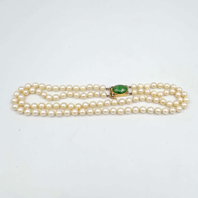 Japanese Akoya  Double Seawater  Pearl Necklace With 18 Carat Jade and Diamond Set Clasp