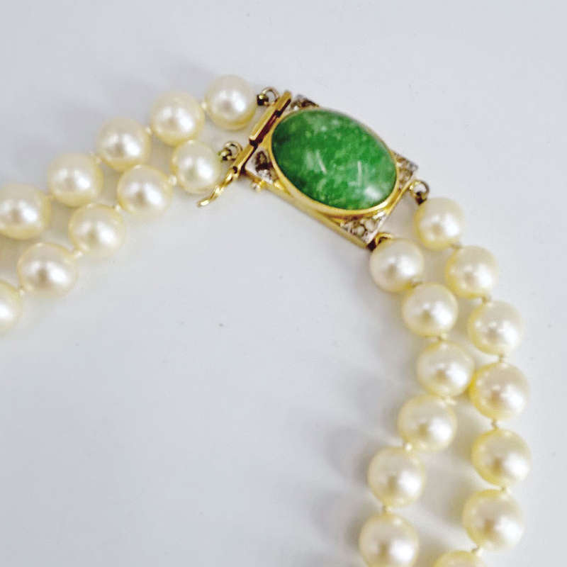 Japanese Akoya  Double Seawater  Pearl Necklace With 18 Carat Jade and Diamond Set Clasp