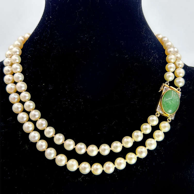 Japanese Akoya  Double Seawater  Pearl Necklace With 18 Carat Jade and Diamond Set Clasp