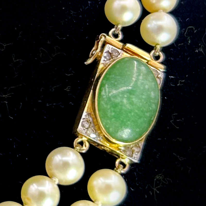 Japanese Akoya  Double Seawater  Pearl Necklace With 18 Carat Jade and Diamond Set Clasp