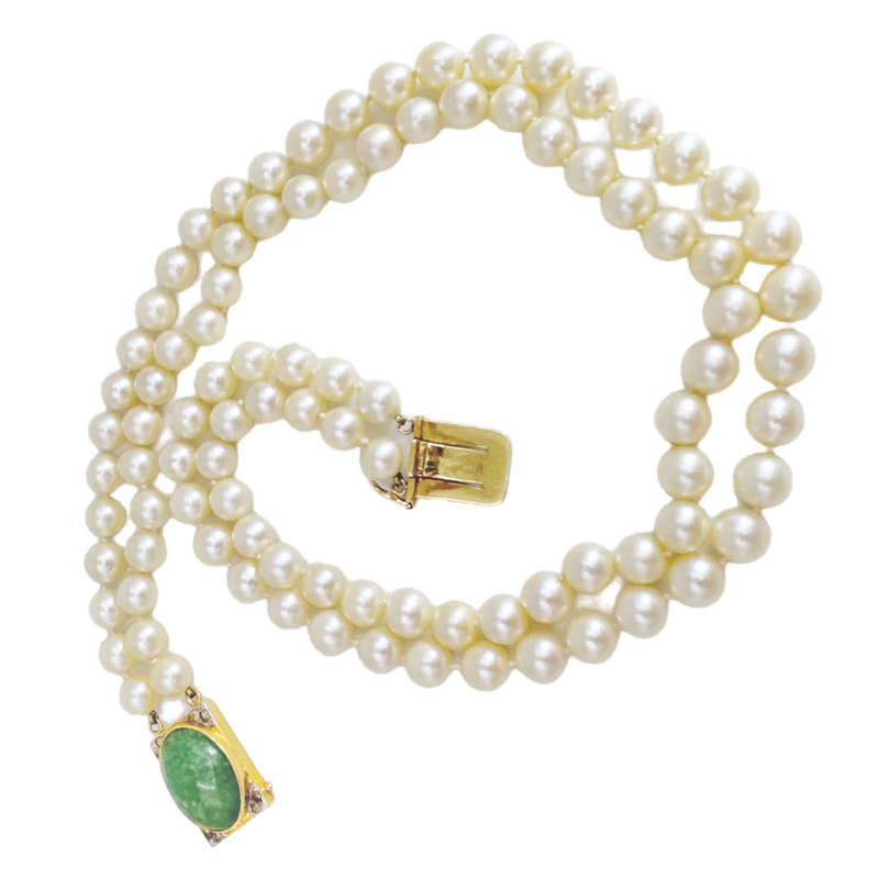 Japanese Akoya  Double Seawater  Pearl Necklace With 18 Carat Jade and Diamond Set Clasp