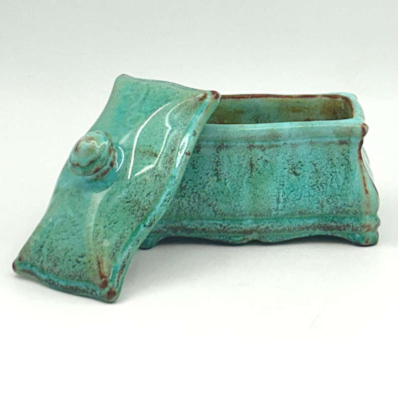 Linnware Green Glaze Lidded Trinket Box